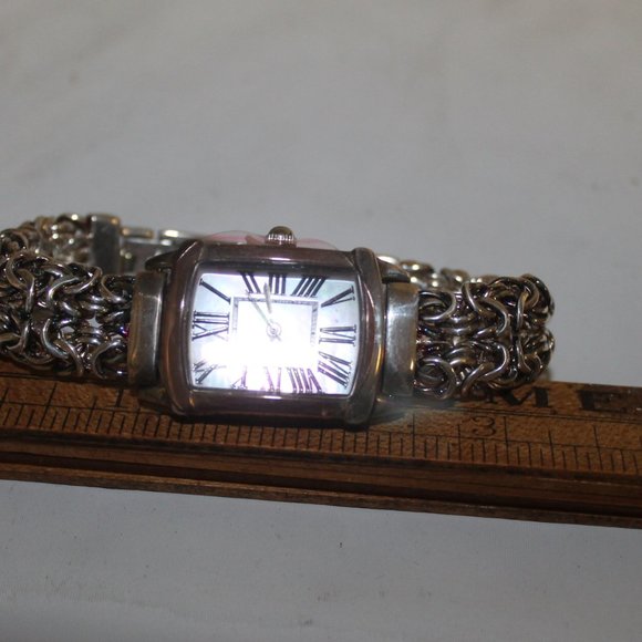 New 950 Fine Sterling Rainbow Silver MOP Face Tank Bracelet Watch 61 Grams!
